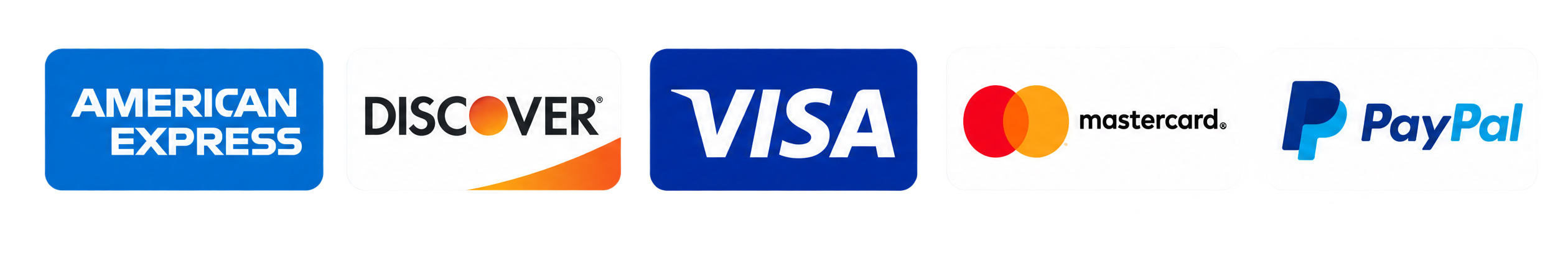Accepted payment methods: American Express, Discover, Visa, Mastercard, and PayPal